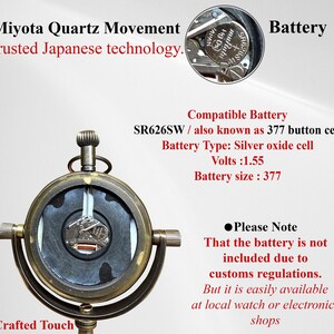 May include: A close-up of a vintage-style clock with a brass-colored frame. The clock face reveals the Miyota Quartz Movement, trusted Japanese technology. The image also shows the compatible battery type: SR626SW / 377 button cell.