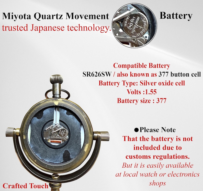 May include: A close-up of a vintage-style clock with a brass-colored frame. The clock face reveals the Miyota Quartz Movement, trusted Japanese technology. The image also shows the compatible battery type: SR626SW / 377 button cell.