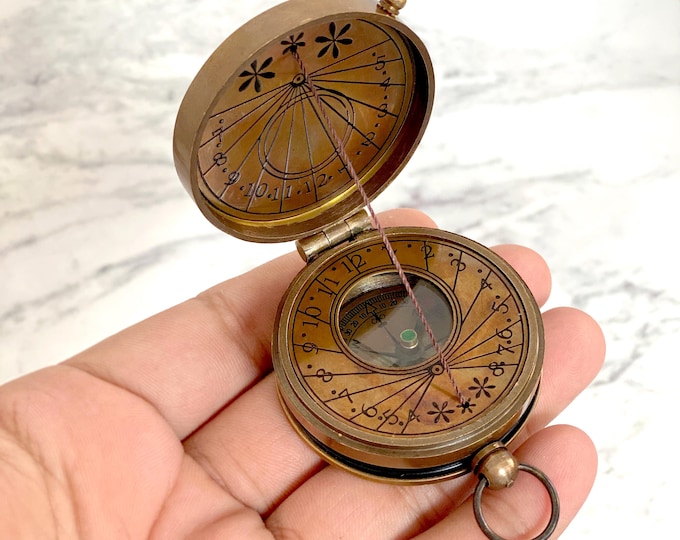 Handmade Antique Brass Sundial Compass with Leather Case | Vintage Pocket Compass | Gift for Him