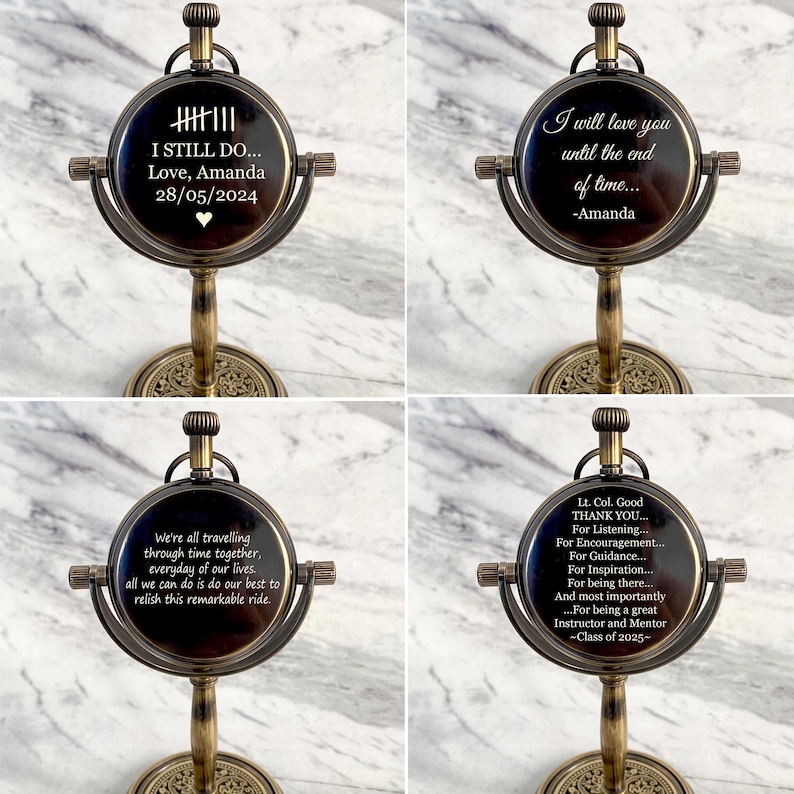May include: A vintage-style brass pocket watch on a stand. The watch face has a dark background with white text that reads "I STILL DO... Love, Amanda 28/05/2024". The watch is supported by a decorative brass stand.