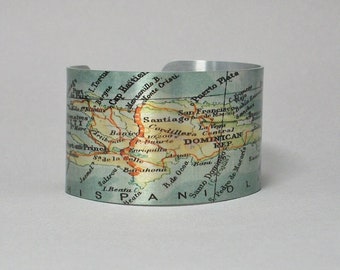 Dominican Republic Haiti Hispaniola Puerto Rico Cuff Bracelet Vintage Map Unique Traveler Gift for Men or Women