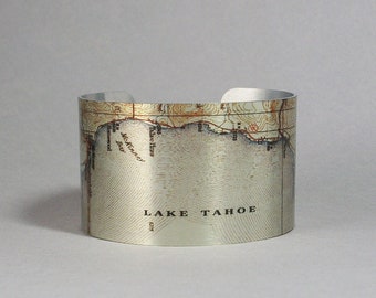 Lake Tahoe California Map Cuff Bracelet Unique Vacation Hometown Gift for Men or Women