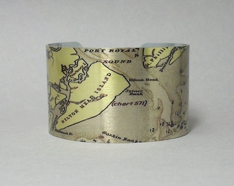 Hilton Head Island South Carolina Nautical Map Cuff Bracelet Unique Gift for Men or Women