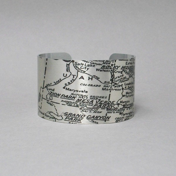 National Park Map Cuff Bracelet Hiking Gift for Men or Women Zion Rocky Mountain Grand Canyon Mesa Verde Sequoia