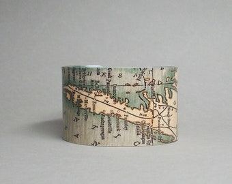 Vintage Virginia Map Cuff Bracelet: Eastern Shore Chesapeake Bay