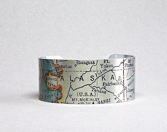 Pulsera con mapa de Alaska, regalo de estilo vintage para él.