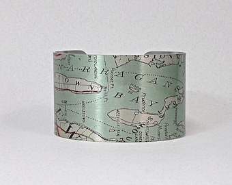 Narragansett Bay Map Cuff Bracelet, Rhode Island Vintage Map Jewelry