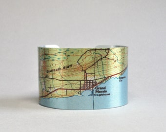 Grand Marais Minnesota Map Cuff Bracelet Lake Superior Unique Gift for Men or Women