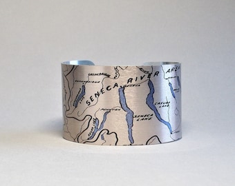 Finger Lakes Cuff Bracelet Upstate New York Map Unique Gift for Men or Women Keuka Honeoye Conesus