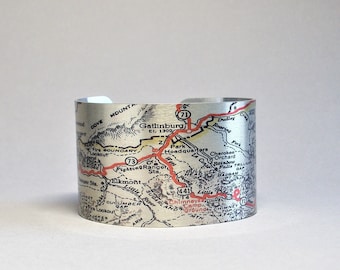 Great Smoky Mountains National Park Map Appalachian Trail Gatlinburg Mt. LeConte Tennessee Cuff Bracelet