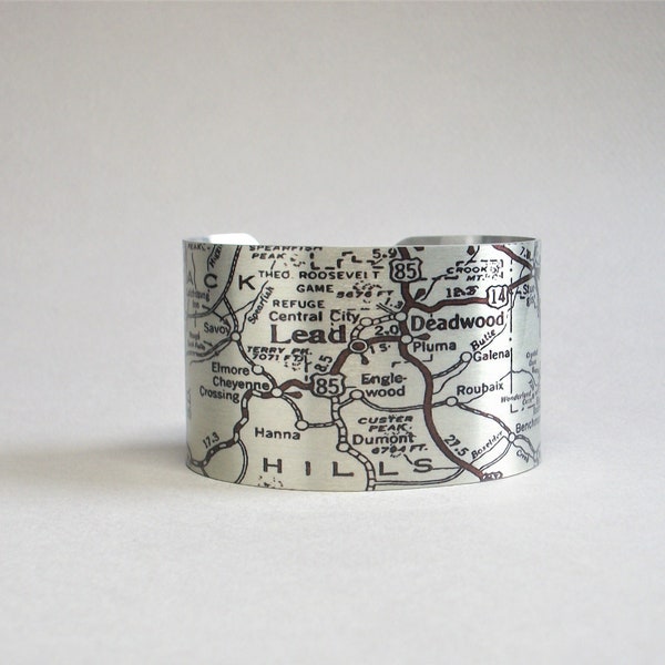 Black Hills South Dakota Map Cuff Bracelet Lead Deadwood Sturgis Unique Gift for Men or Women