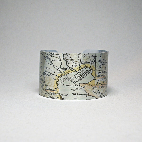 Thessaloniki Greece Cuff Bracelet Vintage Map Unique Traveler Gift for Men or Women
