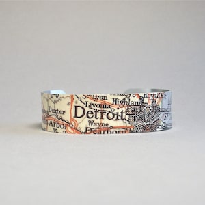 Detroit Michigan Map Cuff Bracelet Unique City Hometown Gift for Men or Women