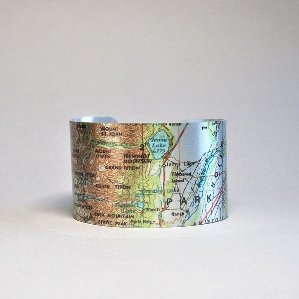 Grand Teton Wyoming National Park Map Jenny Lake Cascade Canyon Cuff Bracelet Unique Hiking Camping Gift for Men or Women