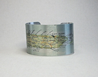 Puerto Rico Map Bracelet, Vintage Style Aluminum Cuff, Unique Travel Gift