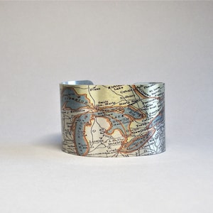 Vintage Great Lakes Map Cuff Bracelet, Lake Michigan, Lake Superior, Boating Gift