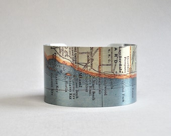 Florida Coast Map Cuff Bracelet, Jupiter to Miami, Vintage Style