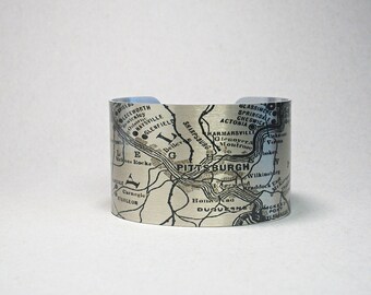 Pittsburgh Pennsylvania Vintage Map Cuff Bracelet Unique Hometown City Gift for Men or Women