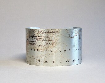 Yellowstone National Park Map Cuff Bracelet Wyoming Pitchstone Plateau Unique Waterfall Hiking Gift for Men or Women