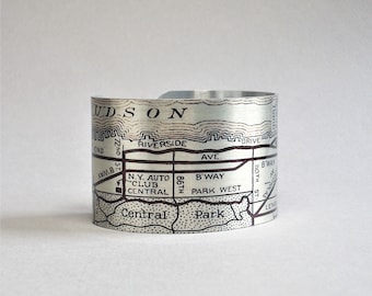 New York City NYC Upper West Side Cuff Bracelet Vintage Map Jewelry for Men or Women
