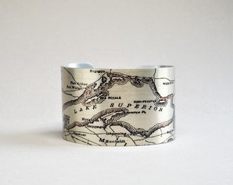 Lake Superior Map Cuff Bracelet Great Lakes Unique Map Gift for Men or Women