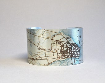 New Bern North Carolina Vintage Map Cuff Bracelet Unique Gift for Women or Men