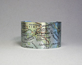 Athens Greece Cuff Bracelet Vintage Map Unique Traveler Gift for Men or Women