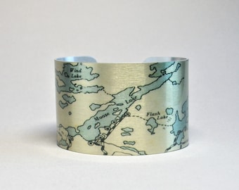 Minnesota Map Cuff Bracelet Moose Lake Snowbank Lake Unique Gift for Men or Women