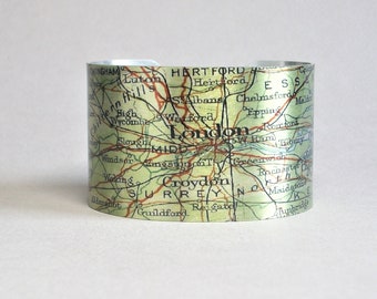 London England Cuff Bracelet Vintage UK Map Gift for Women or Men