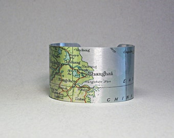 Shanghai Wuhan China Map Cuff Bracelet Unique Travel Gift for Men or Women