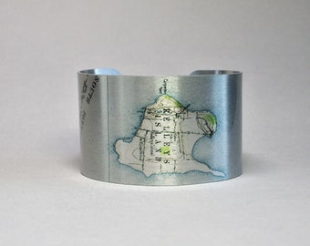 Kelleys Island Ohio Lake Erie Map Cuff Bracelet Unique Gift for Men or Women