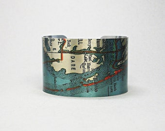 Outer Banks Karte Manschette Armband, North Carolina Gastgeberin Geschenk, Vintage Stil