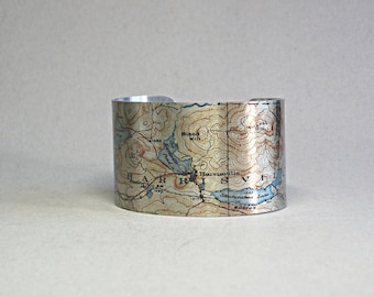 Harrisville New Hampshire Map Cuff Bracelet Silver Lake Unique Gift for Men or Women