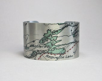 Raquette Lake Adirondack New York Map Cuff Bracelet Unique Gift