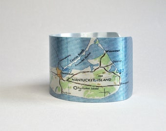 Nantucket Island Massachusetts Map Cuff Bracelet Unique Gift for Men or Women