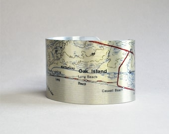 Oak Island North Carolina Map Cuff Bracelet Unique Gift for Men or Women