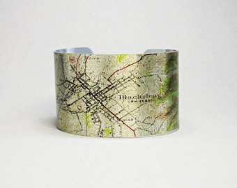 Blacksburg Virginia Map Cuff Bracelet Unique Hometown City Gift for Men or Women