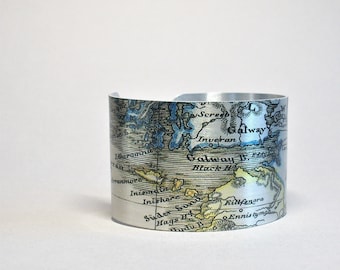 Ireland Map Cuff Bracelet Galway Loughrea Ballinasloe Unique Gift for Men or Women