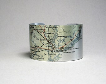Charleston South Carolina Map Cuff Bracelet, Vintage Style Jewelry