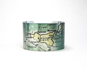 Sicily Italy Map Cuff Bracelet Unique Gift for Men or Women