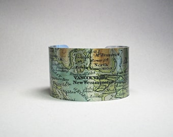 Vintage Vancouver Map Cuff Bracelet, Unique Travel Jewelry Gift