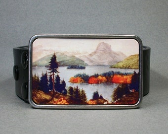 Belt Buckle American Wilderness Mountains Trees Lake