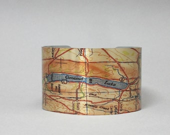 Finger Lakes Conesus Map Cuff Bracelet Unique Gift for Men or Women