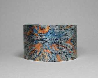 Mount Rainier National Park Washington Map Cuff Bracelet Unique Camping Hiking Gift for Men or Women