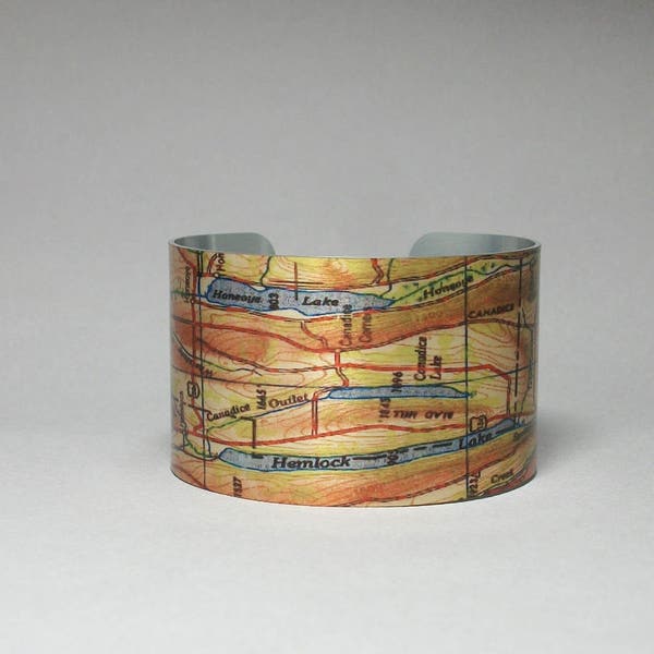 Finger Lakes Cuff Bracelet Hemlock Canadice Honeoye Map Unique Gift Idea for Women