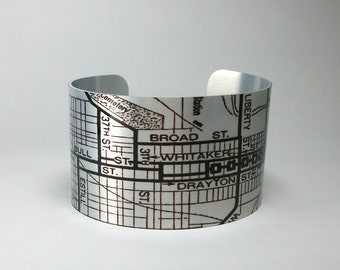 Savannah Georgia Vintage Map Cuff Bracelet Wide Metal Unique Gift for Him or Her