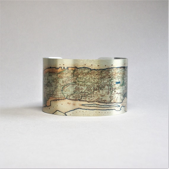 Vintage NYC Map Cuff Bracelet, New York City Travel Jewelry