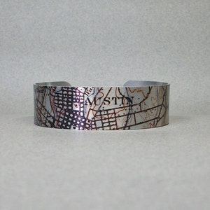 Austin Texas Map Cuff Bracelet: Vintage Style Aluminum Jewelry
