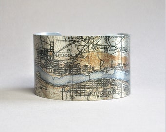 Hancock Houghton Michigan Map Cuff Bracelet Unique Gift for Men or Women