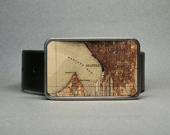 Seattle Washington Belt Buckle Vintage Map on Metal Unique Gift for Men or Women